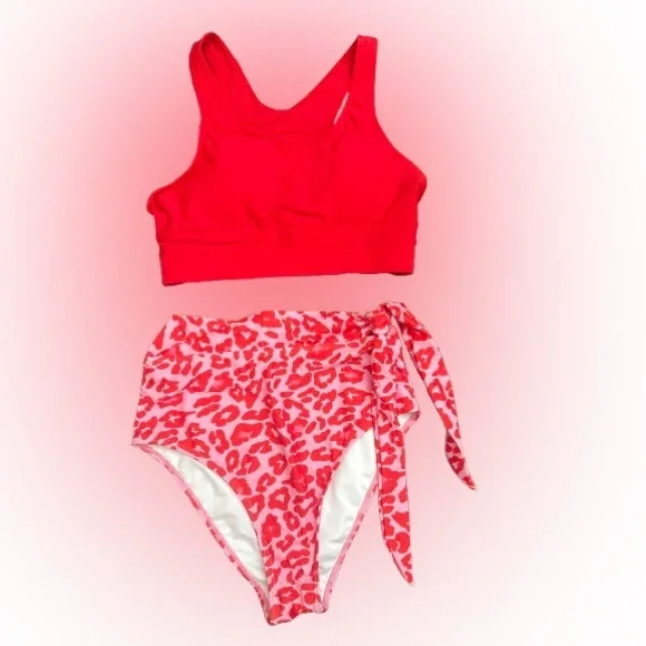 Fenomo Scoop Neck Racerback High Waisted Bikini Floral Print Red/Pink Sz M NWOT - Picture 5 of 5